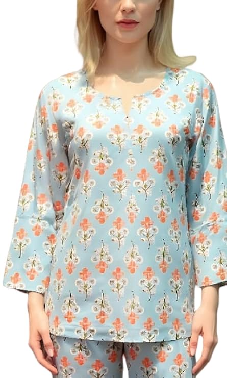 Women's Cotton Floral Printed Kurta with 3/4th Sleeves and Round Neck