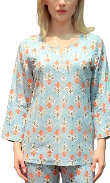 Women's Cotton Floral Printed Kurta with 3/4th Sleeves and Round Neck